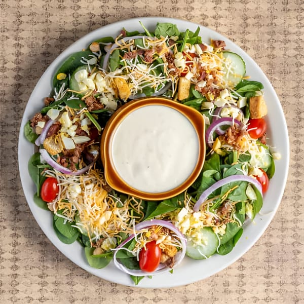 Overhead view of a large spinach salad with bacon, cheese, eggs, tomatoes, and a ranch dressing bowl.