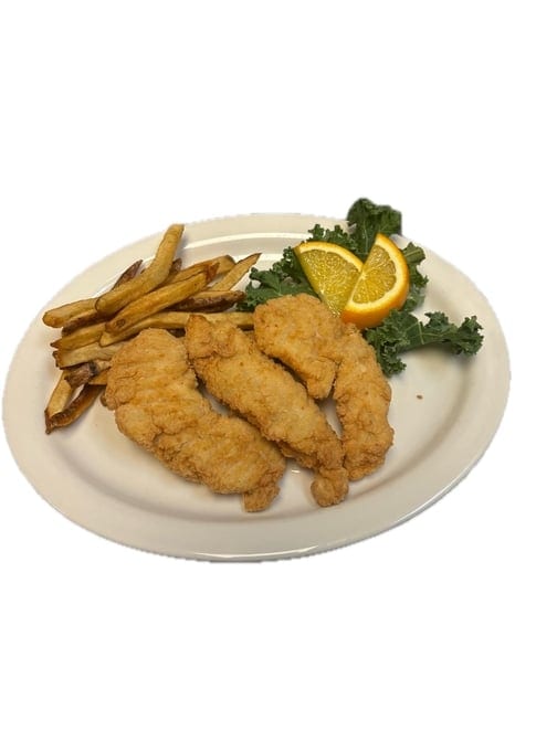 Three Chicken Fingers with Fries.